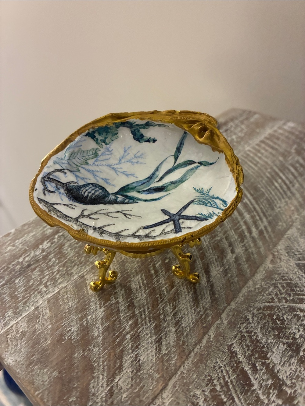 Hand-Painted/decoupaged sea life Decorative Trinket Dish with stand